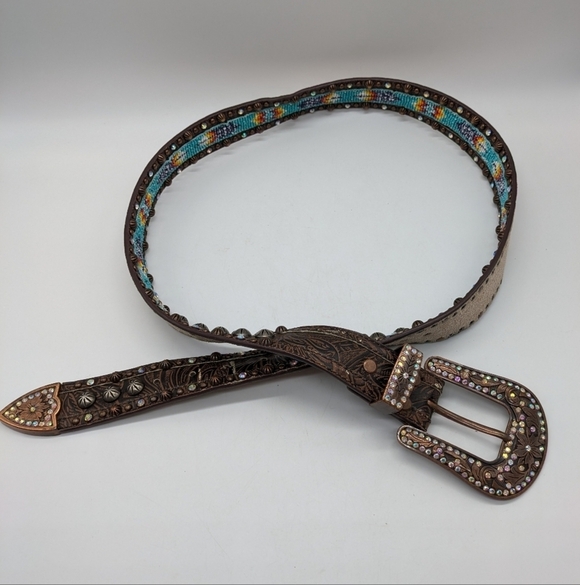 RODS Brown Blue Beaded Rhinestone Leather Belt XL main image 7